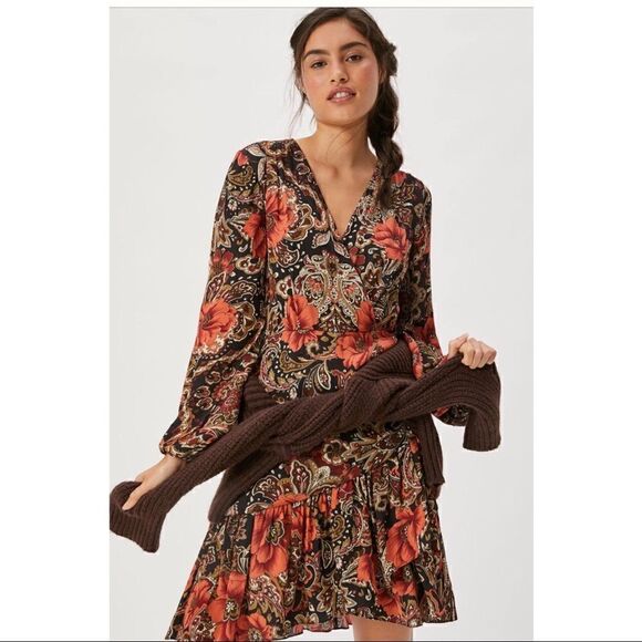 NEW Anthropologie Atsu Tenley Ruffled Floral V-Neck Drop Waist Mini Dress Size 0 - Picture 2 of 3
